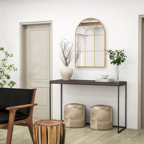 Gold Arched Wall Mirror - 91x60cm Vintage Grid Design, Metal Frame
