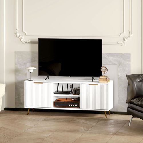 55" TV Stand - White Modern Cabinet with Storage Shelves, 120cm