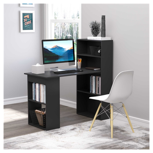 Compact Black Office Desk with 6 Shelves - Space-Saving Workstation