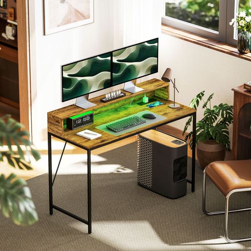 LED Computer Desk - 120cm w/ Power Strip & Shelf, Rustic Brown