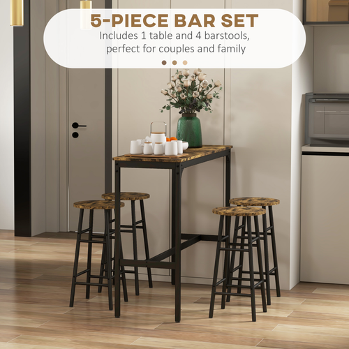 5-Piece Industrial Bar Set - Rustic Brown Table & 4 Stools