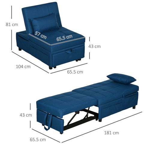 3-in-1 Folding Sofa Bed - Adjustable w/ Storage Pockets, Blue