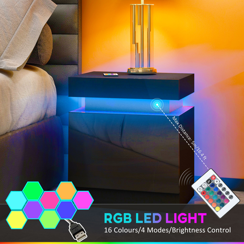 High Gloss LED Bedside Table - 2 Drawers with 16-Color Lighting