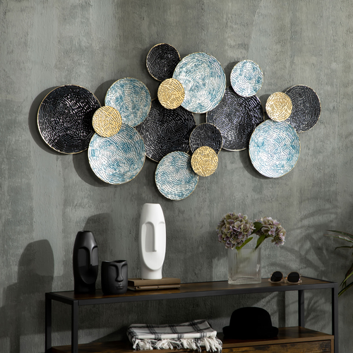 Minimalist Metal Wall Art - Blue Circular Hanging Sculpture, 133x66cm
