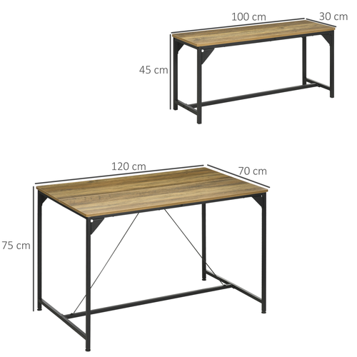 4-Person Dining Set - Table & 2 Benches, Industrial Style, 120cm