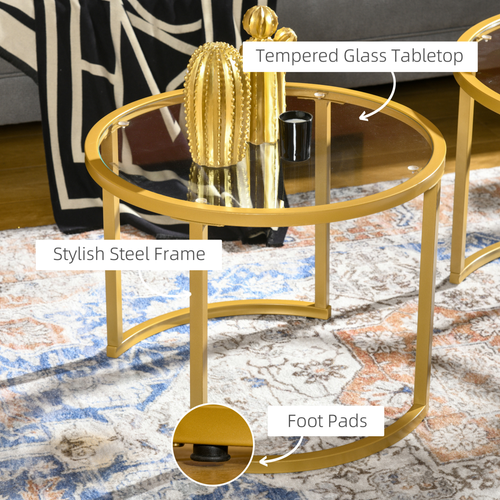 Modern Nesting Coffee Tables - Gold Steel Frame & Glass Top, Set of 2
