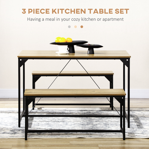 4-Person Dining Set - Table & 2 Benches, Industrial Style, 120cm