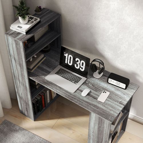 120cm Computer Desk with Bookshelf - 6-Tier Workstation, Grey Wood-Effect