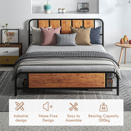 King Size Bed Frame - Steel Base with Headboard, 160x207cm