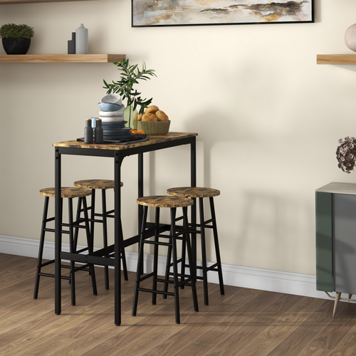5-Piece Industrial Bar Set - Rustic Brown Table & 4 Stools