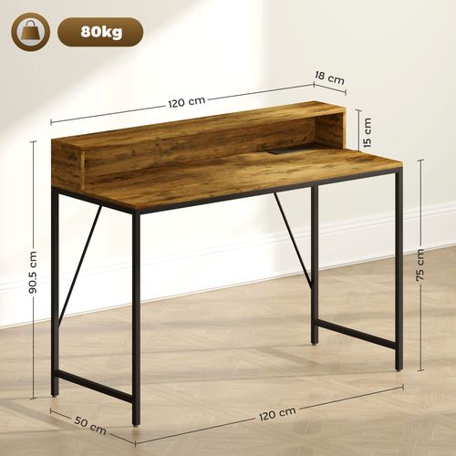 LED Computer Desk - 120cm w/ Power Strip & Shelf, Rustic Brown