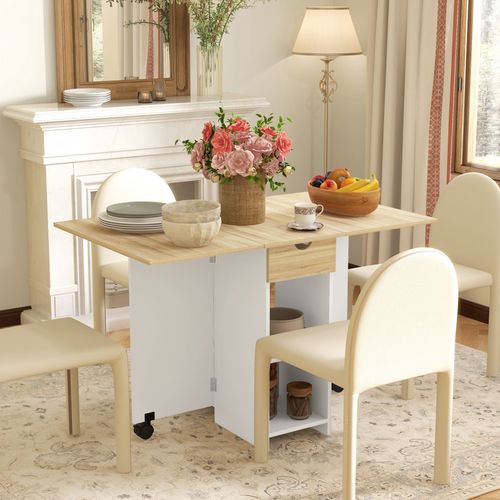 Foldable Drop Leaf Table - Kitchen Dining w/ Storage & Wheels, Oak