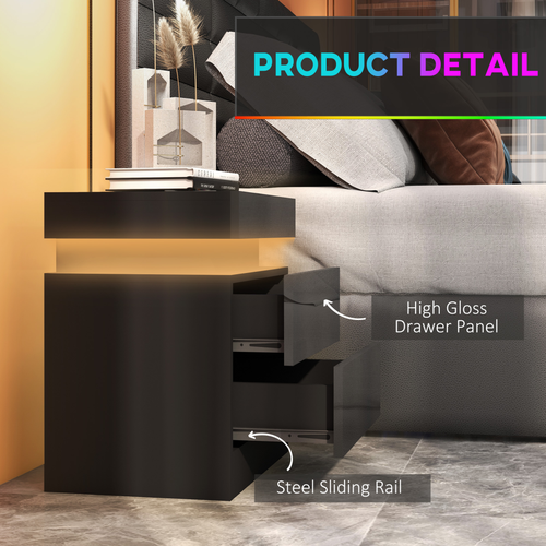 High Gloss LED Bedside Table - 2 Drawers with 16-Color Lighting