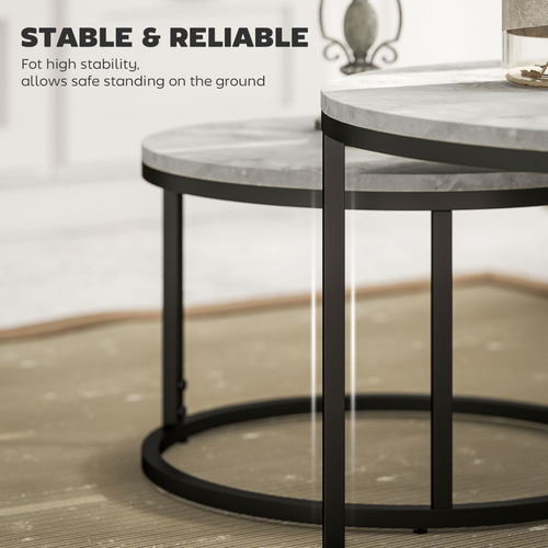 2 Pcs Marble-Effect Stacking Coffee Table Set with Steel Frame for Home