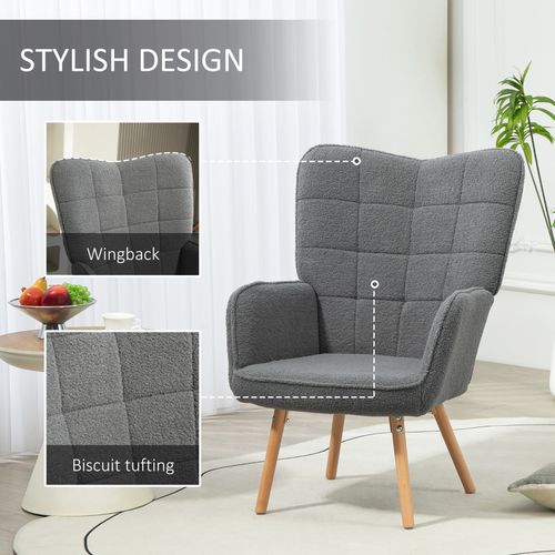 Tufted Wingback Chair - Plush Teddy Fleece, Dark Grey, 120kg Capacity
