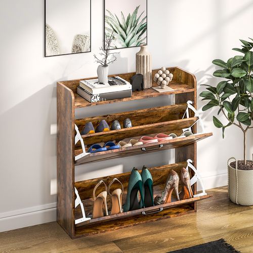 16-Pair Shoe Cabinet - Farmhouse Slim Storage, Rustic Brown