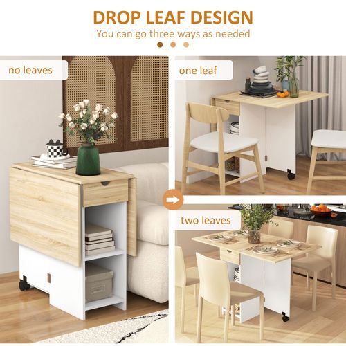 Foldable Drop Leaf Table - Kitchen Dining w/ Storage & Wheels, Oak