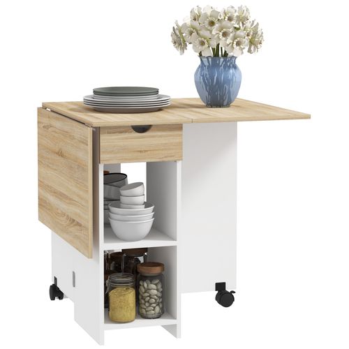 Foldable Drop Leaf Table - Kitchen Dining w/ Storage & Wheels, Oak