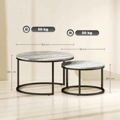 2 Pcs Marble-Effect Stacking Coffee Table Set with Steel Frame for Home