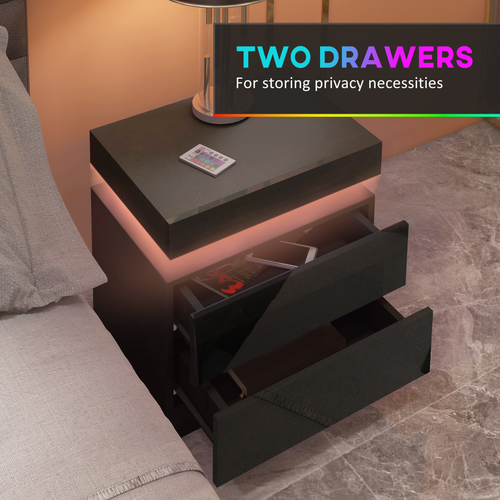 High Gloss LED Bedside Table - 2 Drawers with 16-Color Lighting