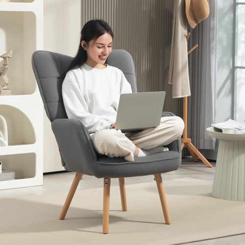 Tufted Wingback Chair - Plush Teddy Fleece, Dark Grey, 120kg Capacity