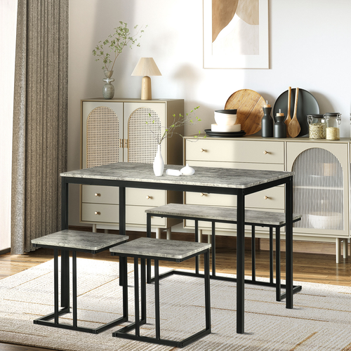 4-Person Dining Set - Concrete Grey Table & Bench w/ 2 Stools