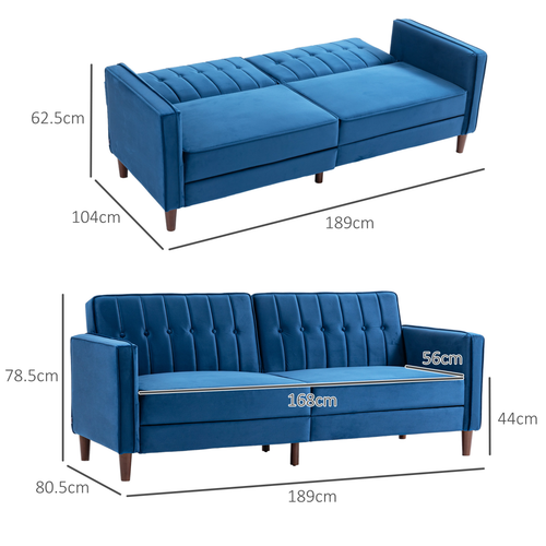 Blue Velvet Convertible Sofa Bed