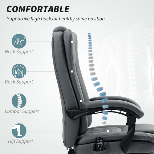 PU Leather Massage Office Chair - Reclining with Heat & Footrest, Grey