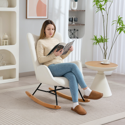 Cream Velvet Rocking Chair - Plush Upholstered with Wooden Legs