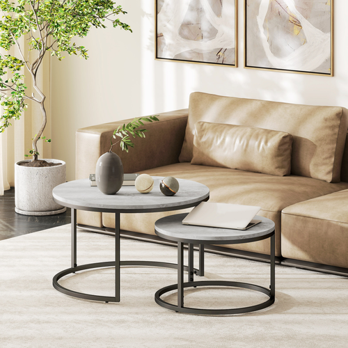 2 Pcs Marble-Effect Stacking Coffee Table Set with Steel Frame for Home