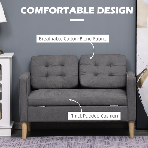 Compact 2-Seater Sofa with Storage - Grey Cotton & Wood Legs