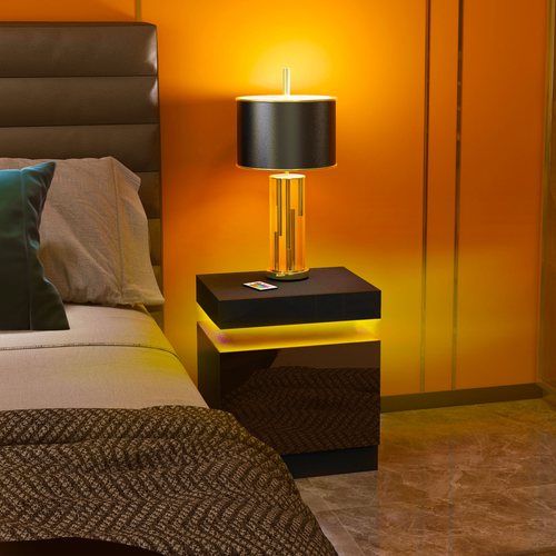 High Gloss LED Bedside Table - 2 Drawers with 16-Color Lighting