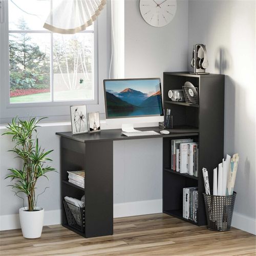 Compact Black Office Desk with 6 Shelves - Space-Saving Workstation