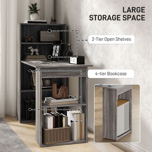 120cm Computer Desk with Bookshelf - 6-Tier Workstation, Grey Wood-Effect