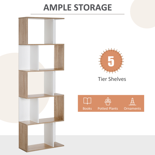 5-Tier S-Shape Bookcase - Natural Wood Display Shelf, 184.5cm Tall