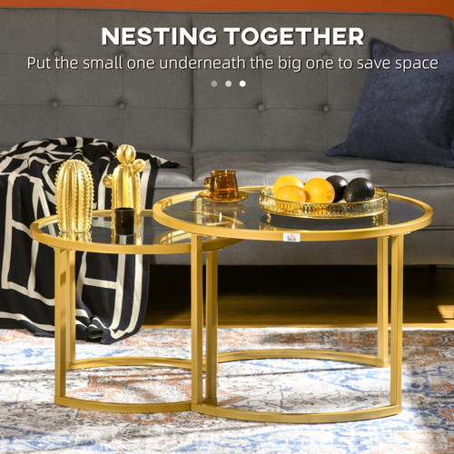 Modern Nesting Coffee Tables - Gold Steel Frame & Glass Top, Set of 2