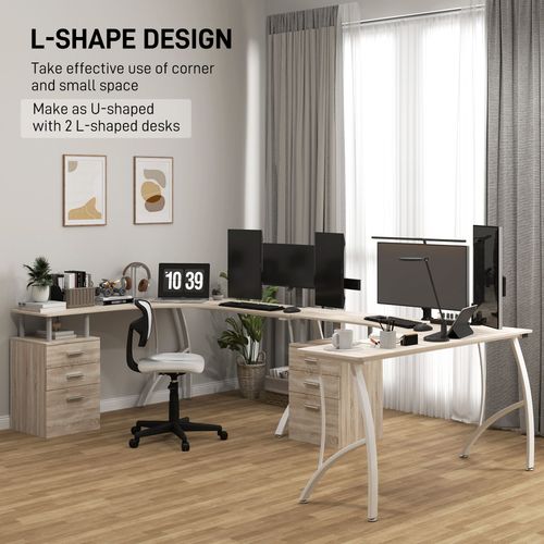 L-Shaped Corner Desk - PC Workstation w/ 3 Drawers, Oak & White