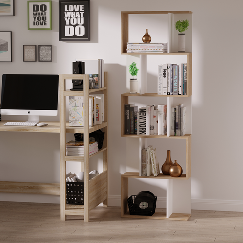 5-Tier S-Shape Bookcase - Natural Wood Display Shelf, 184.5cm Tall