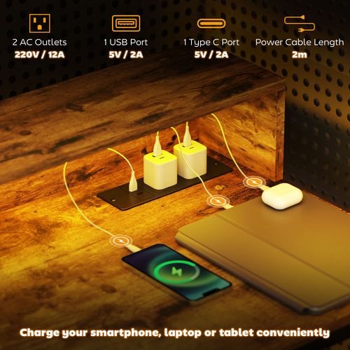 LED Computer Desk - 120cm w/ Power Strip & Shelf, Rustic Brown