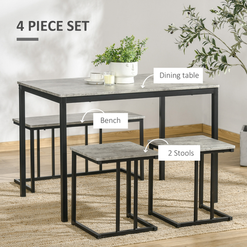 4-Person Dining Set - Concrete Grey Table & Bench w/ 2 Stools
