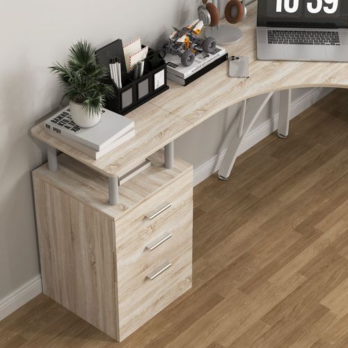 L-Shaped Corner Desk - PC Workstation w/ 3 Drawers, Oak & White