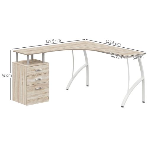 L-Shaped Corner Desk - PC Workstation w/ 3 Drawers, Oak & White