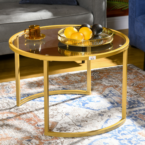 Modern Nesting Coffee Tables - Gold Steel Frame & Glass Top, Set of 2