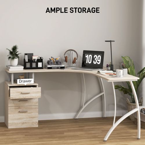 L-Shaped Corner Desk - PC Workstation w/ 3 Drawers, Oak & White