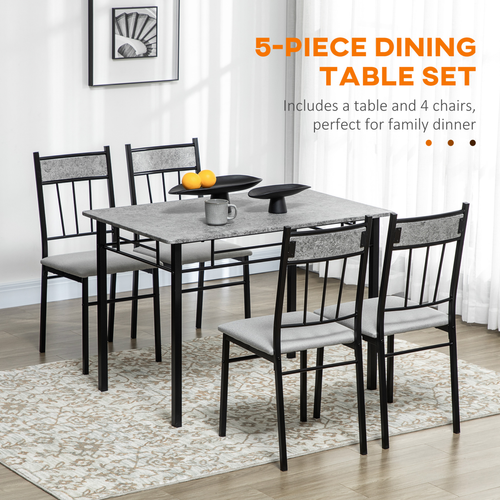 5-Piece Dining Set - Marble Top Table & 4 Chairs, Light Grey/Black