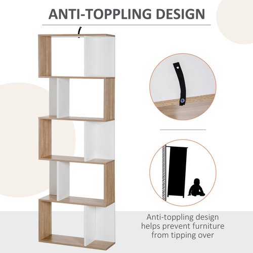 5-Tier S-Shape Bookcase - Natural Wood Display Shelf, 184.5cm Tall