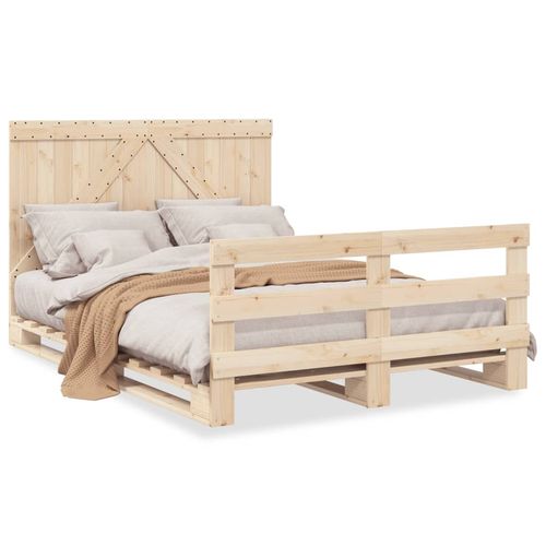 Solid Pine Wood Bed Frame - 140x200cm with Headboard, Natural Finish