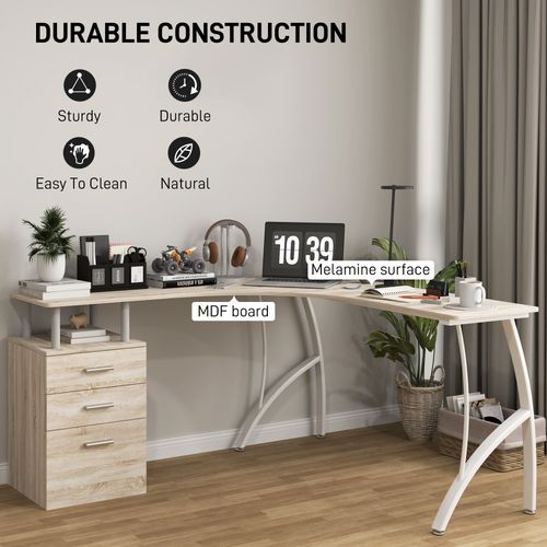 L-Shaped Corner Desk - PC Workstation w/ 3 Drawers, Oak & White